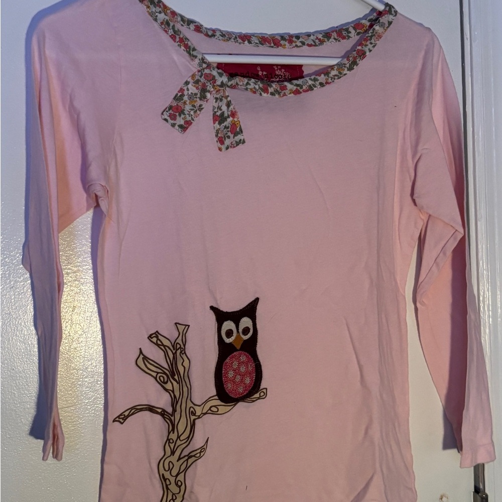 Pink Floral Long Sleeve Tee with Owl Design